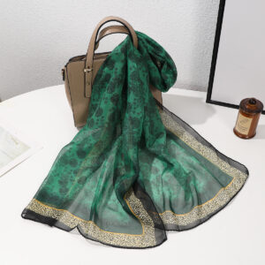 Full-patterned Flower Leopard-print Border Chiffon Soft 150-thread Scarf, Fashionable And Luxurious Style, Suitable For Daily Wear, Business Or Casual Wear In Spring And Summer.