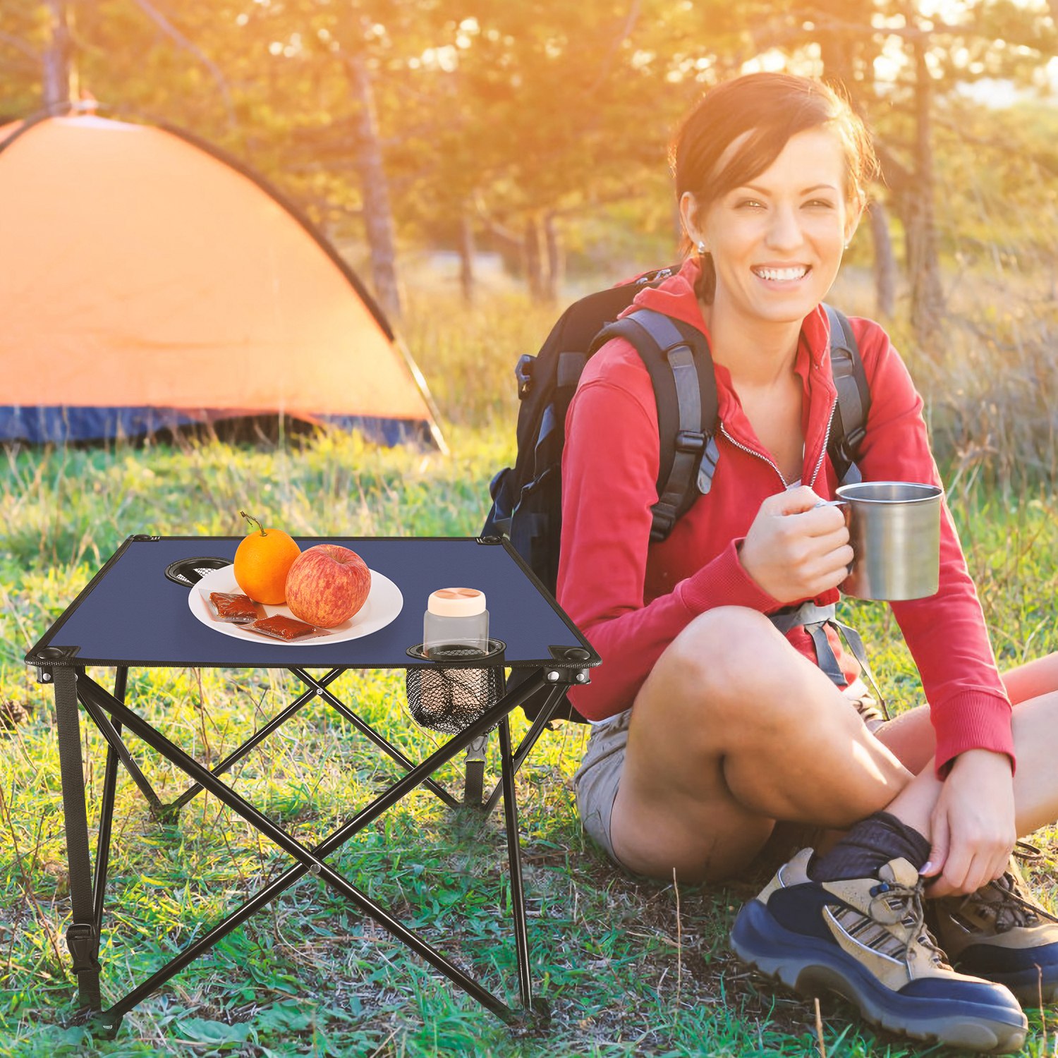 1Pc 2Pc Options Foldable Camping Table Portable Picnic Table Lightweight Travel Desk With 2 Cup Holders Carrying Bag Color Options Black Orange Green Red Blue Navy Blue - Image 21
