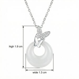 925 Sterling Silver Elegant Butterfly White Jade Pendant Necklace with Sparkling Cubic Zirconia Accents