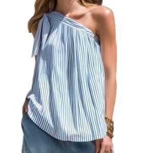 French-style Vacation-ready Striped Off-shoulder Top, Sleeveless Blouse