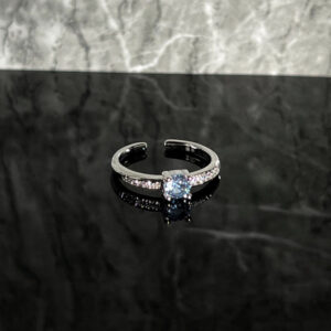 Ocean Blue Zircon Open Ring, Delicate Clear Diamond Inlay, Elegant Skin-friendly, Minimalist Cold Chic Women Jewelry