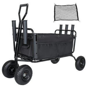 Fishing Cart Beach Cart Collapsible Wagon 9.85 All- Terrain Wheels For Sand Heavy Duty Garden Cart With Rod Holders Umbrella Holder And Storage Pockets 550lb Large Capacity Black