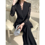 One Button Lace Panelled Blazer And Trousers Two Piece Set