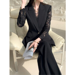 One Button Lace Panelled Blazer And Trousers Two Piece Set
