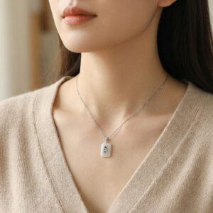 925 Sterling Silver Elegant White Jade Pendant Necklace with Green Bamboo Leaf Inlay and Silver Chain