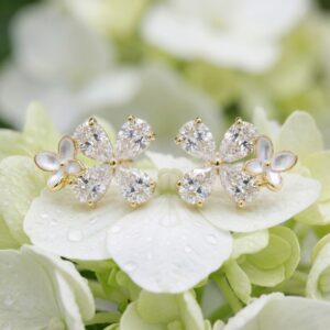 925 Sterling Silver Elegant Butterfly Blossom Stud Earrings with Pear Cut Crystals and Mother of Pearl Accents