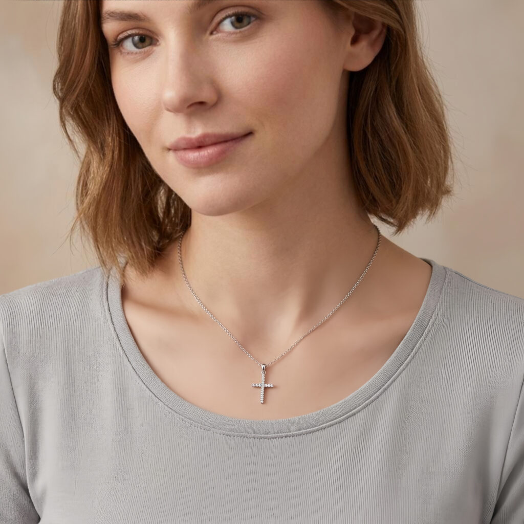 925 Sterling Silver Sparkling CZ-Cross Pendant Necklace in White Gold