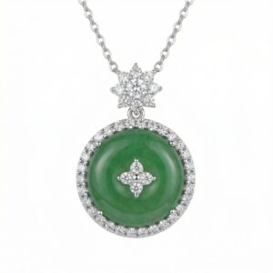 925 Sterling Silver Elegant Round Green Jade and Diamond Pendant Necklace with Floral Accents