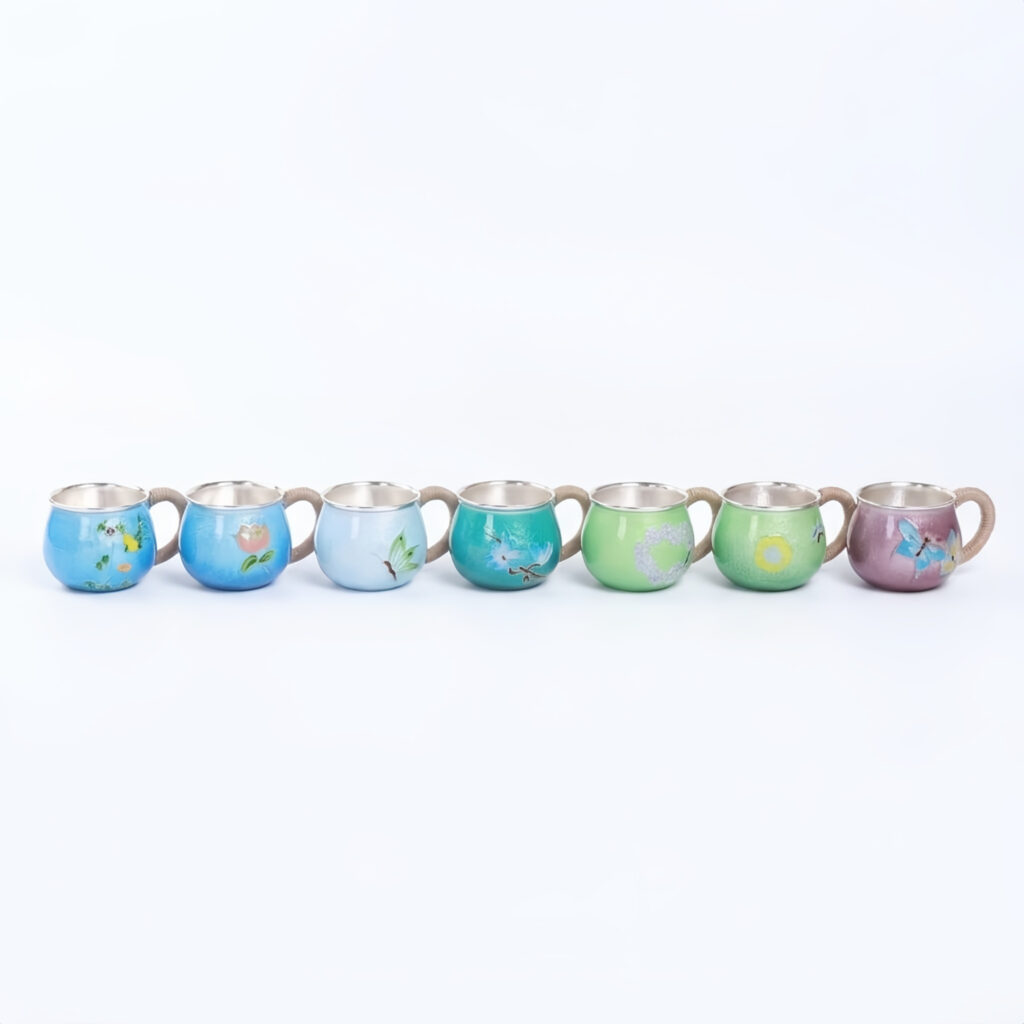 925 Sterling Silver Seven Colorful Hand-Painted Miniature Teacups with Silver Trim - Handicraft