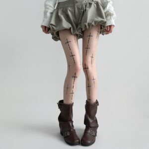 Printed Cross Stocking Black Silk Skin Silk Pantyhose