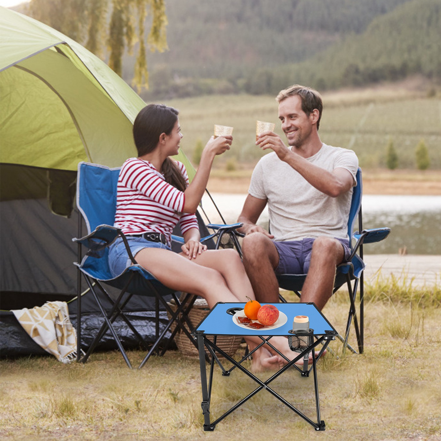1Pc 2Pc Options Foldable Camping Table Portable Picnic Table Lightweight Travel Desk With 2 Cup Holders Carrying Bag Color Options Black Orange Green Red Blue Navy Blue - Image 35