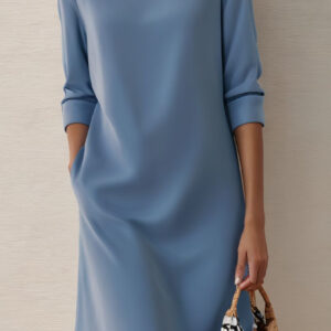 New Solid-Color Crew-Neck Long-Sleeve Loose Casual Pocket Dress