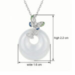 925 Sterling Silver Elegant White Jade Ping An Kou Necklace with Sparkling Gemstone Butterfly Accents
