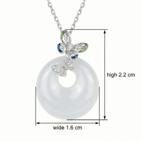 925 Sterling Silver Elegant White Jade Ping An Kou Necklace with Sparkling Gemstone Butterfly Accents
