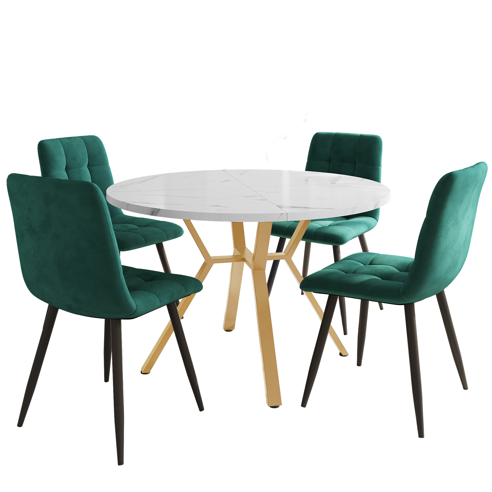 Dining Table Set, Dining Table And Chair Set 5-piece , Modern, Simple Round Marble Dining Table And Chair Set, Gold-coloured Metal Table Legs 4 Ergonomic Velvet Chairs, Green Dining Chairs - Image 5