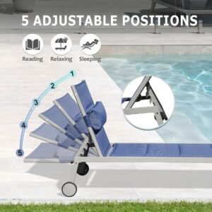Outdoor Patio Chaise Lounge Set Of 3, Aluminum Pool Lounge Chairs With Side Table And Wheels, Textilene Padded Adjustable Recliner All Weather For Poolside, Beach, Yard, Balcony Navy Blue