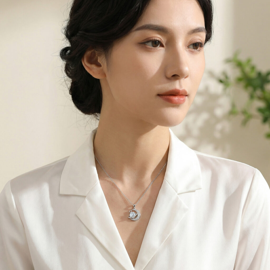925 Sterling Silver Elegant Celestial Silver Crescent Moon and Sparkling Planet Pendant Necklace