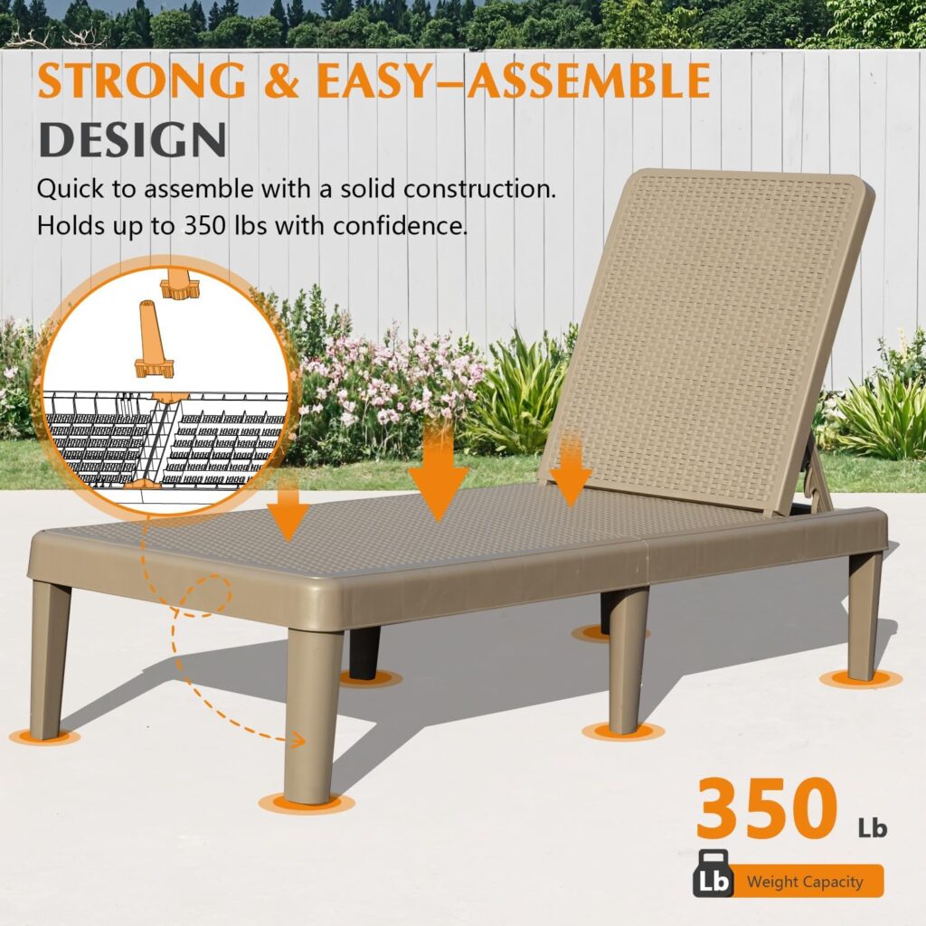 Pool Lounge Chairs Set Of 2, Outdoor Lounge Chairs With 6 Positions Backrest Adjustable, Resin Waterproof Chaise Lounge Outdoor For Poolside Patio Garden Deck