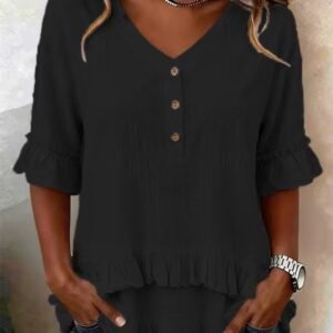 Womens Retro V-Neck Ruffled Loose Short-Sleeve Shirt