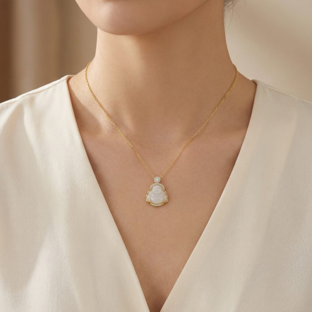 925 Sterling Silver Elegant White Jade Laughing Buddha Pendant Necklace with Sparkling Diamond Accents