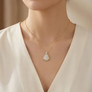 925 Sterling Silver Elegant White Jade Laughing Buddha Pendant Necklace with Sparkling Diamond Accents