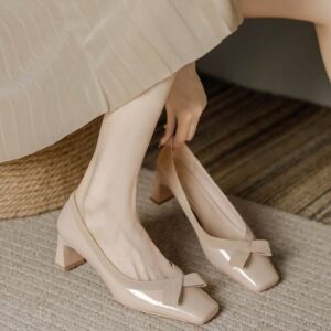 2026 New Spring Women's Pumps, Square Toe Block Heel, Bow Patent Leather, French Style Nude Heels, Elegant Shoes For Dresses