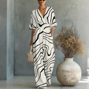Waist-cinched V-neck Printed Womens Jumpsuit