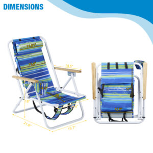 2 Pieces, Seat Height 7.9in, Width 17.7in, Depth 17.3in, Blue-green Horizontal Stripes Pattern, Iron Beach Chair, Steel Tube, Oxford Fabric, 120kg, 4-level Adjustment