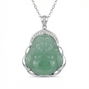 925 Sterling Silver Exquisite Green Jade Laughing Buddha Pendant Necklace in Sterling Silver with Shimmering Accents