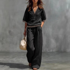 Cotton-Linen V-Neck Casual Comfortable Short-Sleeve Shirt And Pants Set