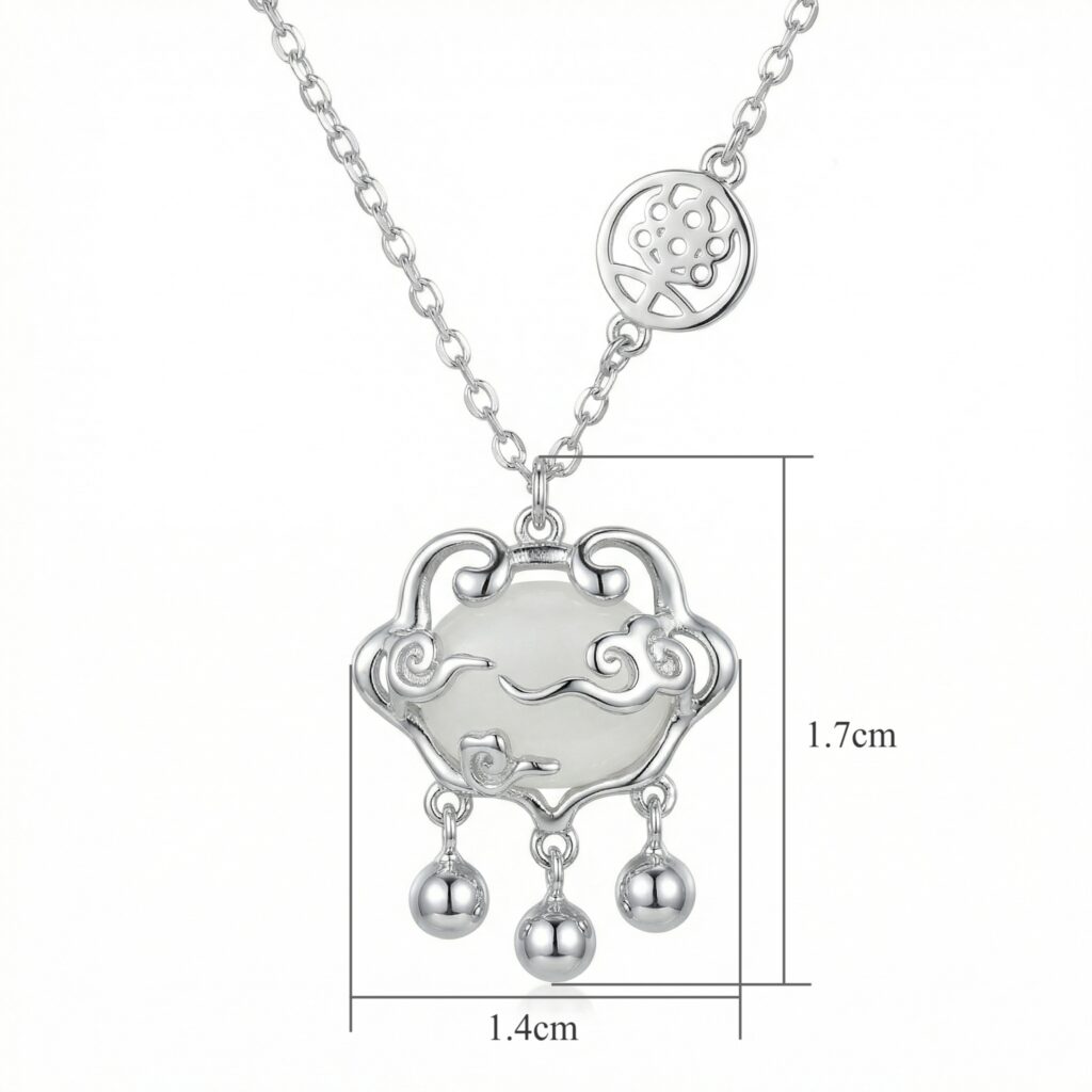 925 Sterling Silver Elegant Sterling Silver Auspicious Cloud Pendant Necklace with White Jade and Decorative Bells