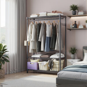 Heavy Duty Garment Rack, Freestanding Clothing Rack For Hanging Clothes With 1 Rod, 3 Tiers & Side Hooks, Adjustable Metal Wardrobe Closet Organizer, 45.3 W X 15.7 D X 72.4 H, Dark Grey