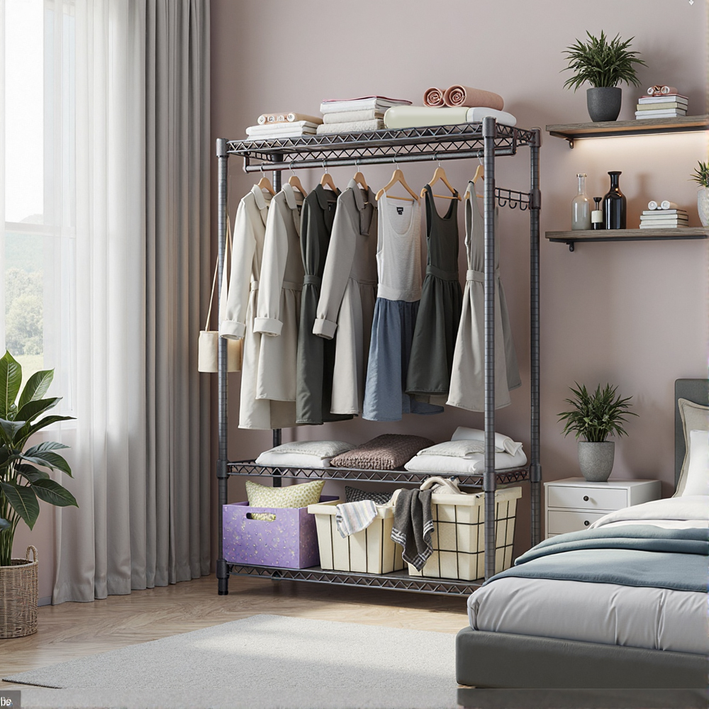 Heavy Duty Garment Rack, Freestanding Clothing Rack For Hanging Clothes With 1 Rod, 3 Tiers & Side Hooks, Adjustable Metal Wardrobe Closet Organizer, 45.3 W X 15.7 D X 72.4 H, Dark Grey