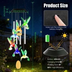 Solar Hummingbird Wind Chime With Aluminum Tubes 7 Color Changing Wind Chime For Outside IPX4 Waterproof Outdoor Garden Yard Decor