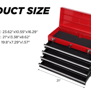 Heavy Duty Metal Tool Box, 21-inch, Portable Metal Tool Box With 4 Drawers, Small Tool Chest With EVA Liners, Ball Bearing Slide Drawers Locking & Powder Coated Finish, Multi-Function Tool Organizer