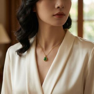 925 Sterling Silver Elegant Teardrop Green Jade Pendant Necklace with Polished Gilt Chain for Timeless Style