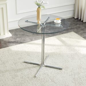Round Glass Bar High Table, 36 Inch Round Bar Table, Tempered Glass Tabletop, Sturdy Silver Chrome Plated Four Column Support, Suitable For Transparent Round Bar Tables In Small Spaces, Kitchens