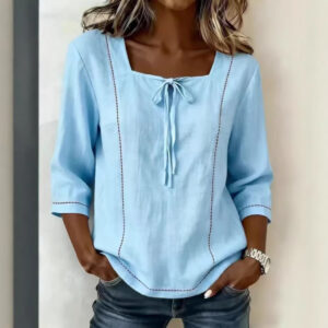Printed Lace-Up Square-Neck Mid-Sleeve Womens Shirt