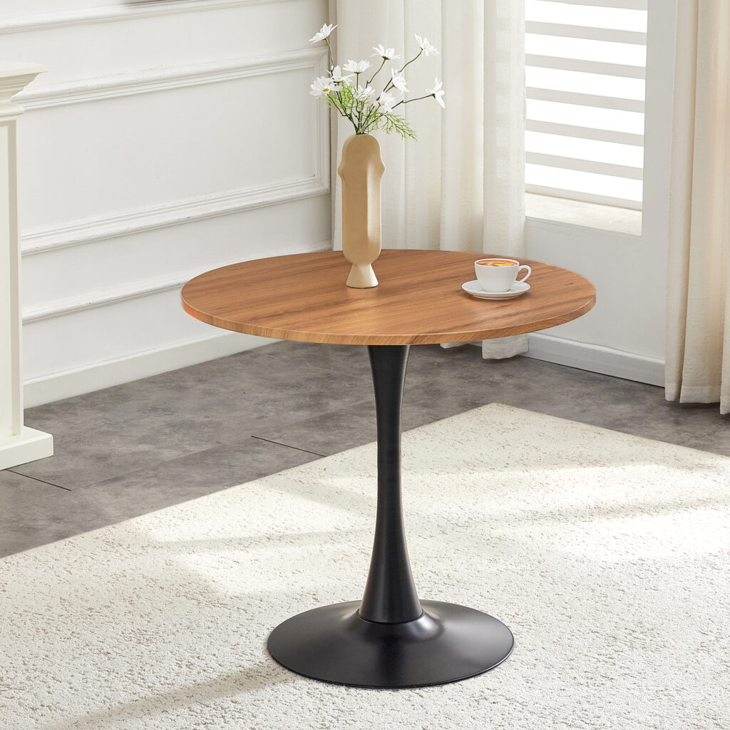 Round Dining Table, 31.5in Circle Tulip Table With Thickened Tabletop & Metal Pedestal, Mid Century Modern Bistro Table For Kitchen, Small Places, Living Room, Cafe Faux Wood