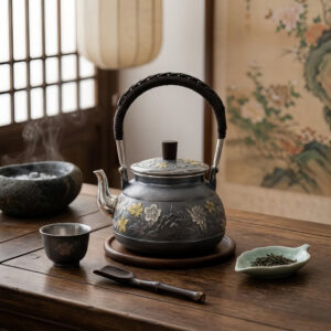 925 Sterling Silver Elegant Metallic Tea Kettle with Intricate Floral Relief and Hand-Woven Rattan Handle - Handicraft