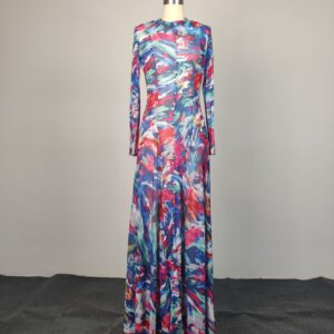 Multicolor Abstract Print Long Sleeve Maxi Dress