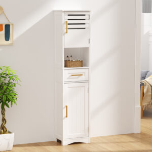 Tall Bathroom Floor Storage Cabinet,Narrow Slim Freestanding Cabinet With 1 Drawer And 2 Doors Storage Cabinet With 5 Adjustable Height Shelf, 15 X 12 X 67Inches, White