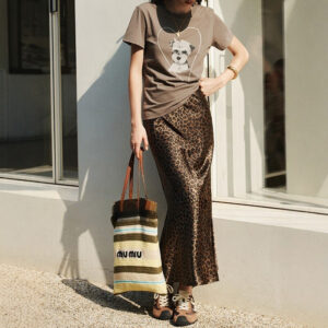 Copper-gold Leopard-print Plain Satin Faux-silk Midi Skirt