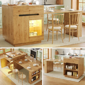 Kitchen Island With Extendable Table, Multifunctional Kitchen Storage Cabinet With LED Lighting App Control , Oak Effect, Glass Door, For Kitchen & Dining Room