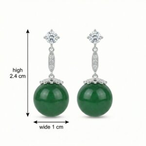 925 Sterling Silver Elegant Spherical Green Jade Drop Earrings with Sparkling Accents and Silver-tone Finish