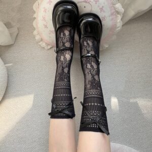 New Korean-style Subtle Jacquard Lace Japanese Calf Socks, Solid Color Thin JK Style Breathable Slouchy Socks For Women