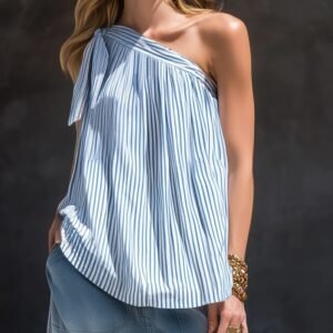 French-style Vacation-ready Striped Off-shoulder Top, Sleeveless Blouse