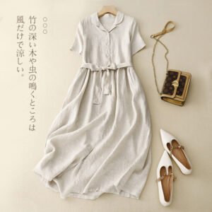 2026 Summer Retro Cotton Linen Dress, Tie Waist Swing Maxi Dress