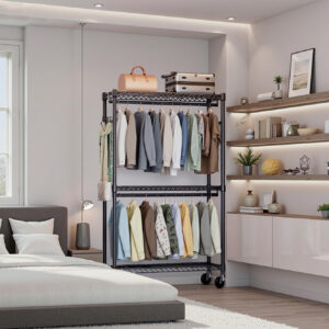 Heavy Duty Rolling Garment Rack 3 Tiers Adjustable Wire Shelving Clothes Rack With 2 Rods And Side Hooks,Storage Closet Clothing Rack With Wheels Black 15.7 D X 45.3 W X 79.6 H