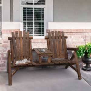 Wood Adirondack Patio Chair Bench With Center Coffee Table, Fir Wood Perfect For Outdoor Porch, Garden, Patio, Riverside, And Etc.